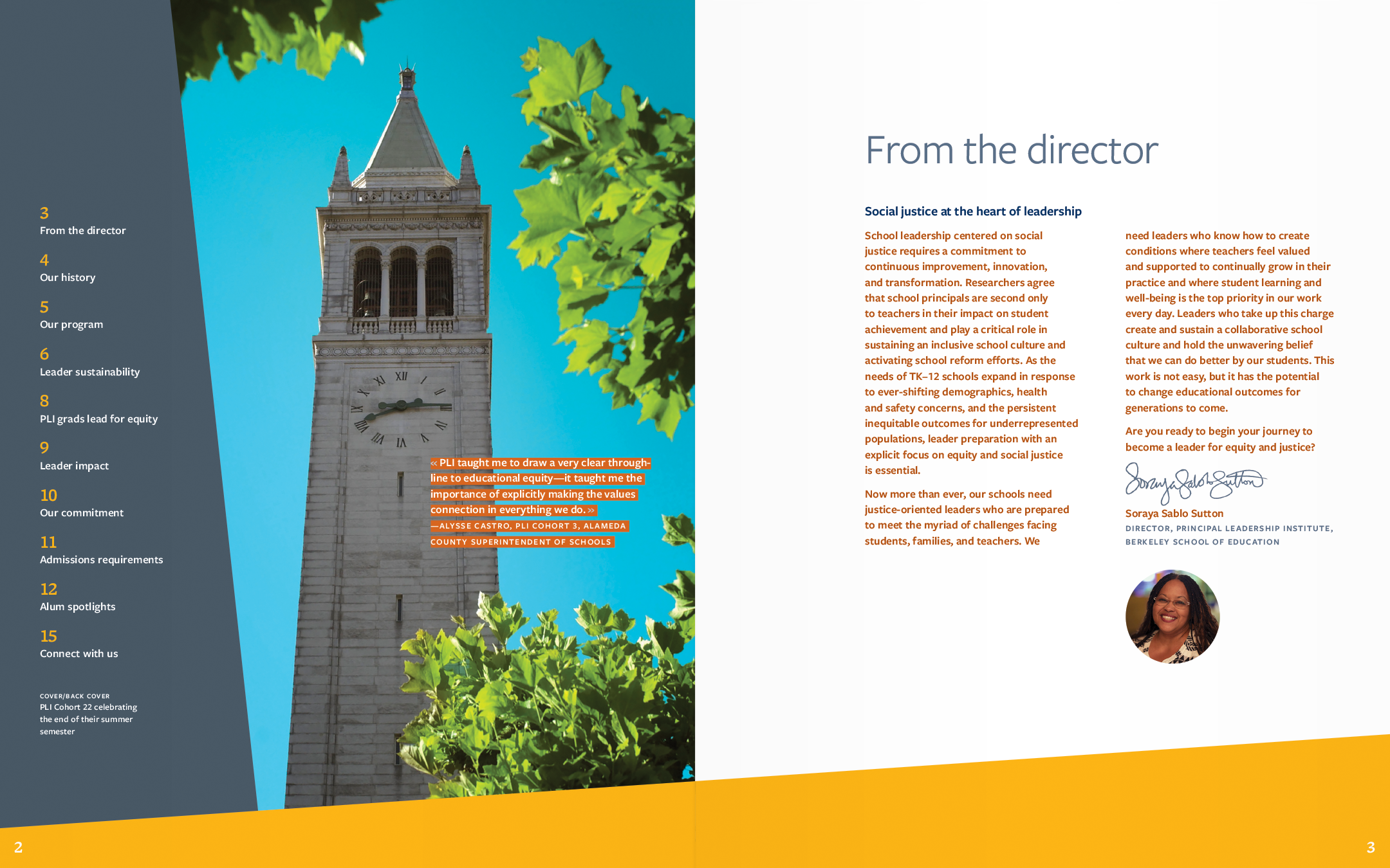 Berkeley School of Education Principal Leadership Institution admissions brochure spread